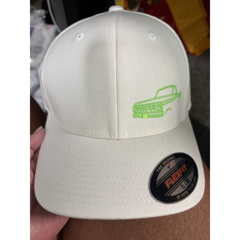 Original Flex fit Small/Med white hat green stitched truck- NEW